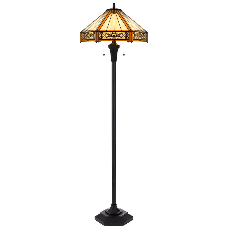 Two Light Traditional Shaped Floor Lamp With Orange And Ivory Abstract Tiffany Glass Empire Shade - Bronze