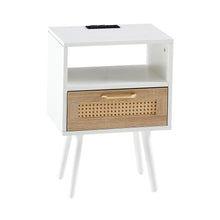 Load image into Gallery viewer, 15.75" Rattan End Table With Power Outlet &amp; USB Ports, Modern Nightstand With Drawer And Solid Wood Legs, Side Table For Living Room, Bedroom
