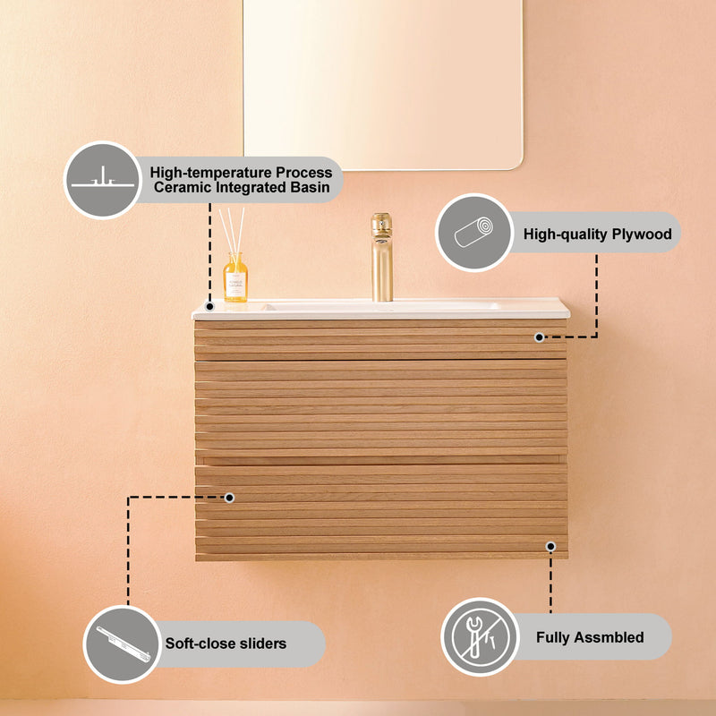 Wall Mounted & Floating Single Vanity With Ceramic Sink - Natural Walnut
