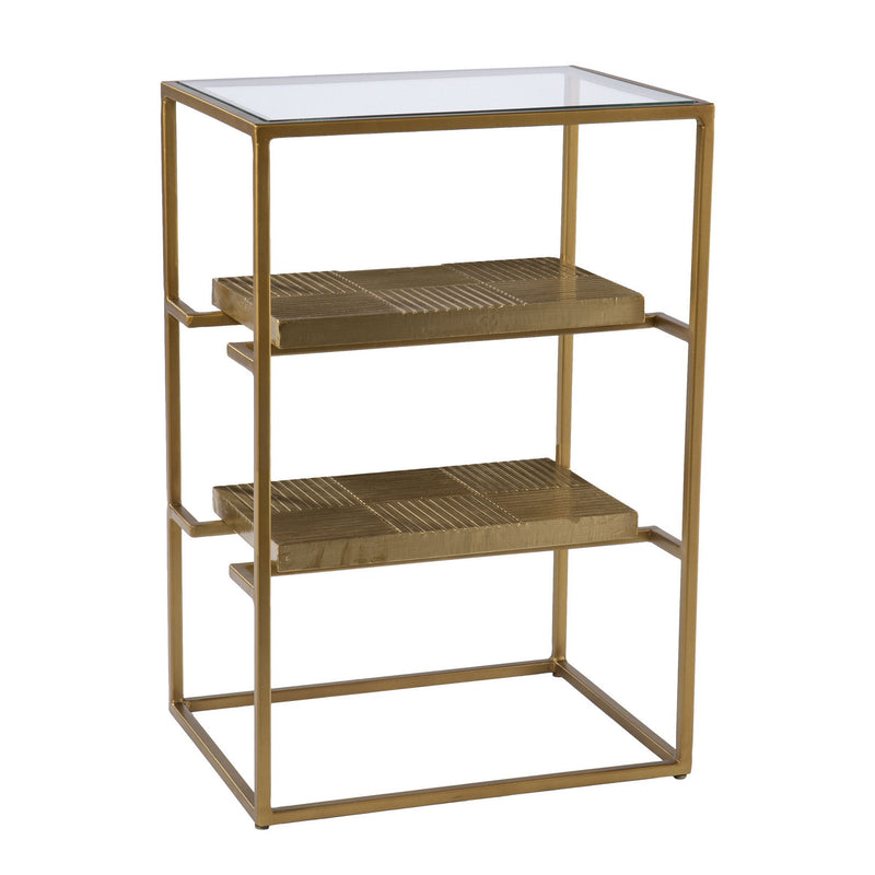 Glass Iron Rectangular End Table With Two Shelves - Brass