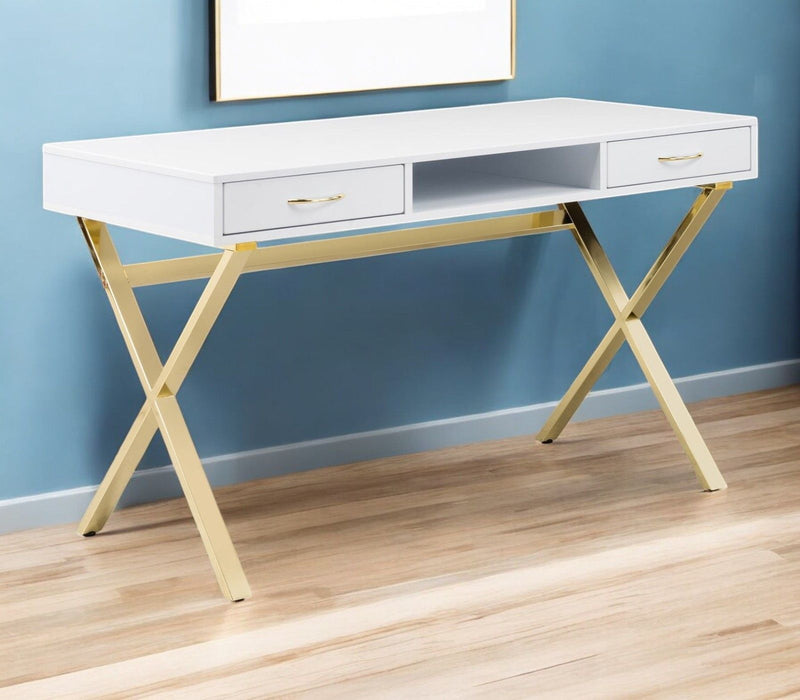 47" Wood And Metal Computer Desk With Two Drawers - Gold