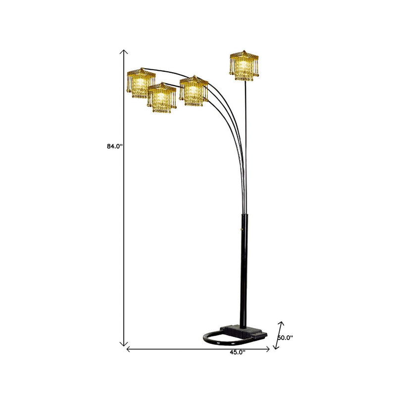 Four Light Arc Floor Lamp With Clear Crystal Glass Chandelier Shade - Black