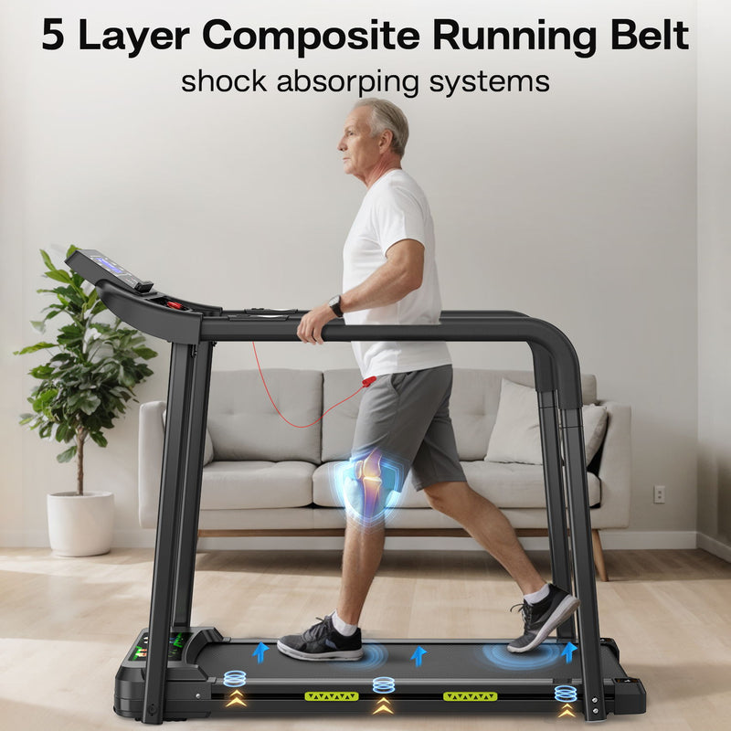 Walking Pad Treadmill With Foldable Design, Large LED Display, Stable Handrails - Black