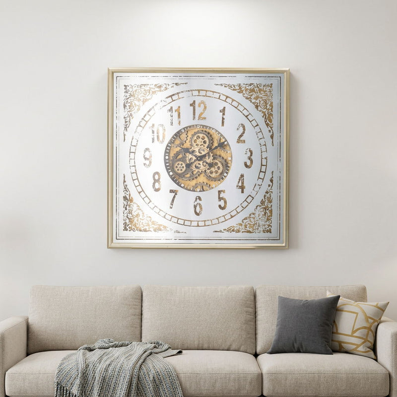 Square Mirror Analog Exposed Gear Wall Clock - Gold / Silver