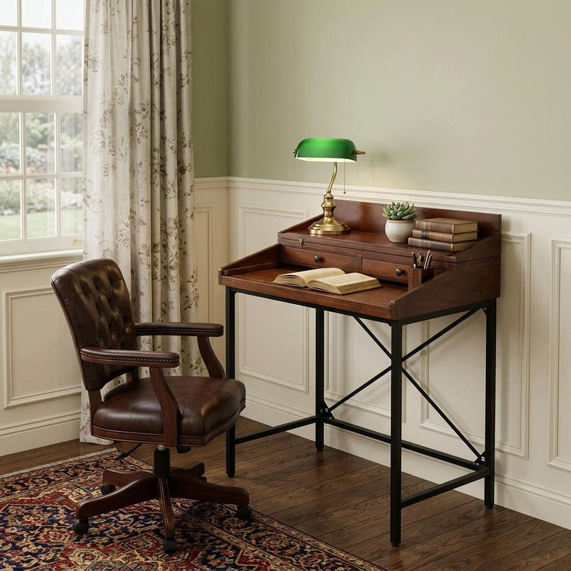 Secretary Desk With Two Drawers - Chestnut / Black