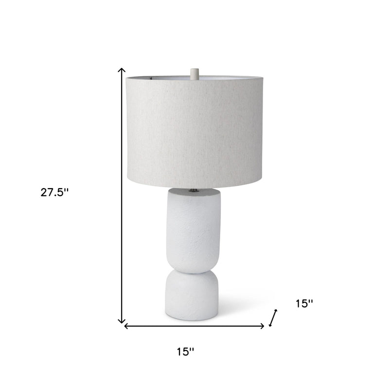 28" Concrete Round Bedside Lamp With Beige Drum Shade - White