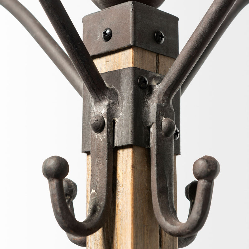 Solid Wood Steel Twelve Hook Freestanding Coat Rack - Black / Brown