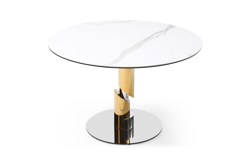 Ceramic Stainless Steel Pedestal Base Round Top Dining Table - White / Gold / Silver