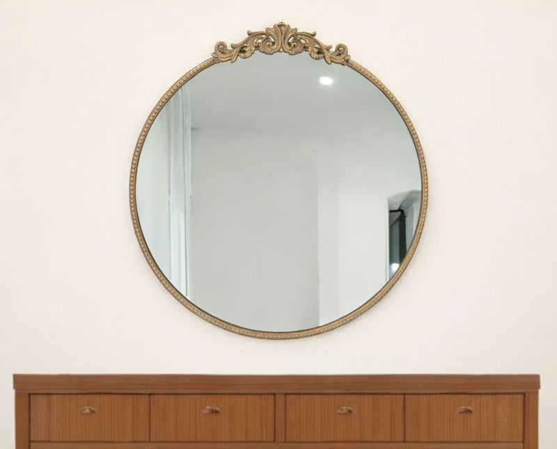 32" Crowned Top Iron Framed Accent Mirror - Gold