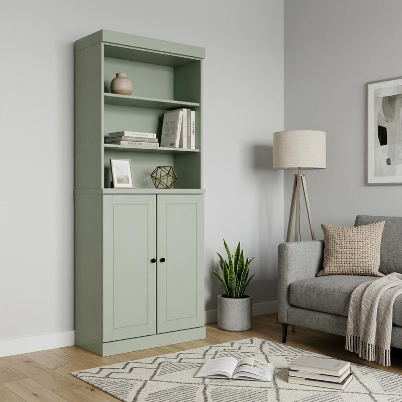 Solid Wood Adjustable Six Tier Library Bookcase With Two Doors (745687) - Sage