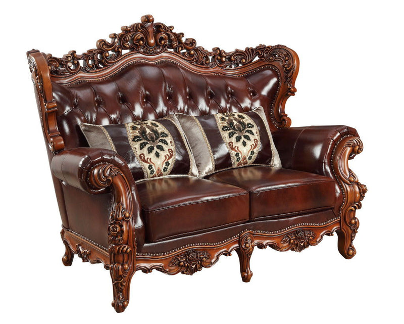 69" Top Grain Leather Curved Loveseat And Toss Pillows - Brown And Walnut