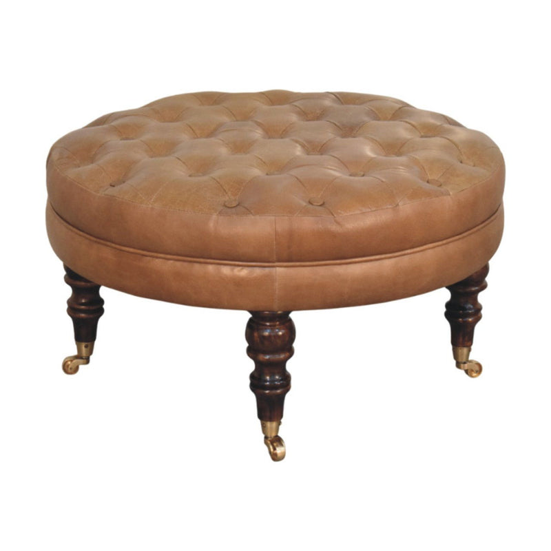 Leather Round Footstool (723465) - Brown