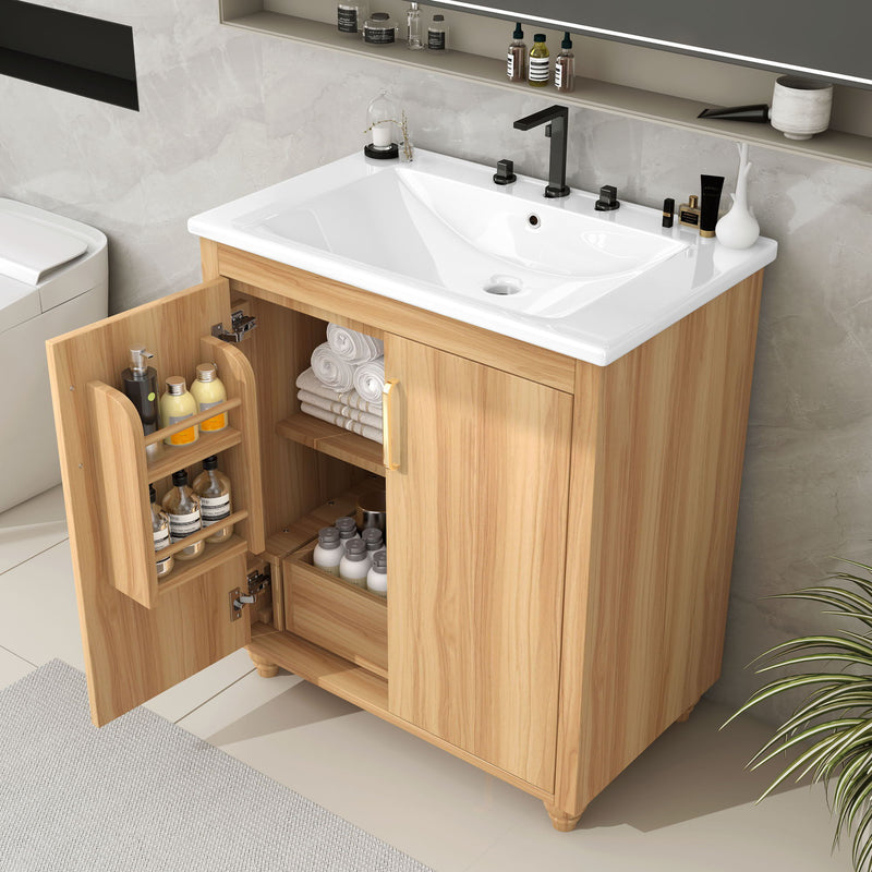 30" Bathroom Vanity With Sink, Cabinet With Doors And Drawer, Rectangular Shape - Natural