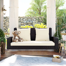 Load image into Gallery viewer, GO 2-Person Wicker Hanging Porch Swing with Chains, Cushion, Pillow, Rattan Swing Bench for Garden, Backyard, Pond. (Brown Wicker, Beige Cushion)
