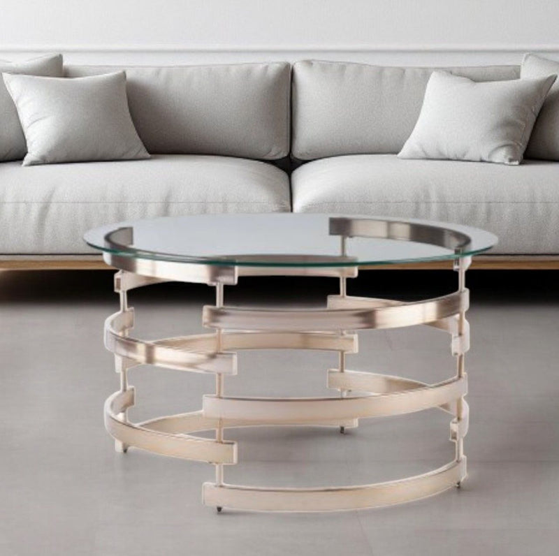 Glass And Metal With Iron Round Coffee Table - Clear / Champagne