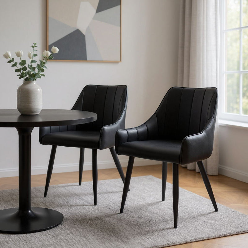 Tufted Faux Leather Dining Arm Chairs (Set of 2) - Black