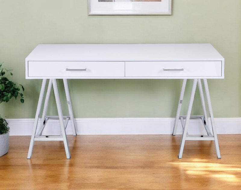 54" Writing Desk With Two Drawers - White And Silver