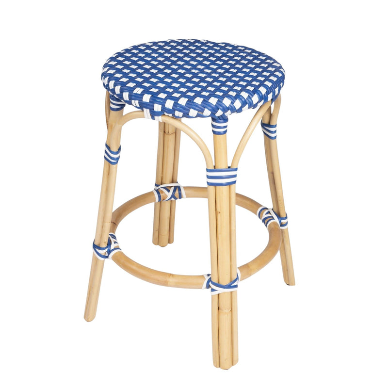 Heavy Duty Plastic And Rattan Backless Counter Height Bar Chair - Blue And Wood Brown