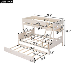 Wood Twin over Full Bunk Bed with Storage Shelves and Twin Size Trundle, Cream