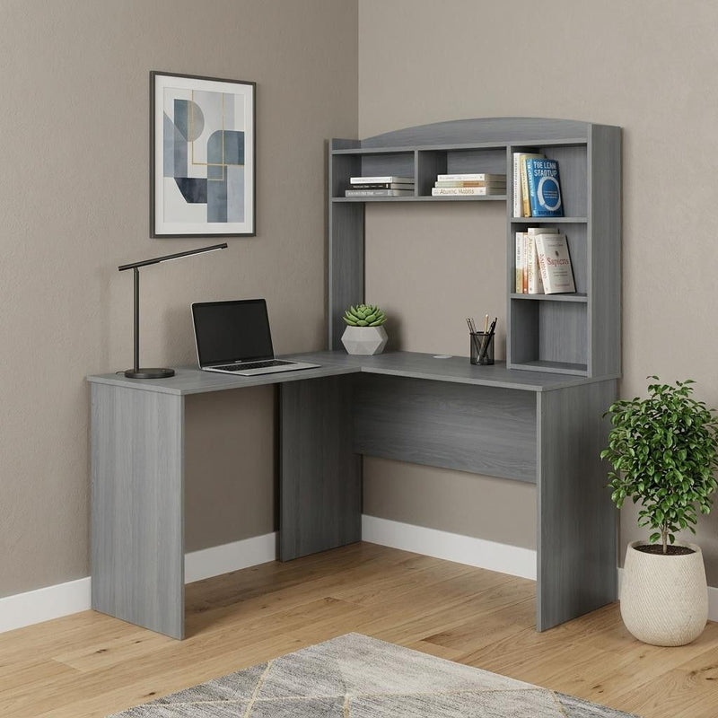 L Shape Computer Desk With Hutch - Gray
