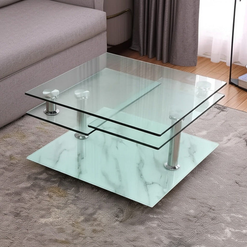 32" Clear And Faux Marble Glass And Metal Coffee Table With Three Shelves - White
