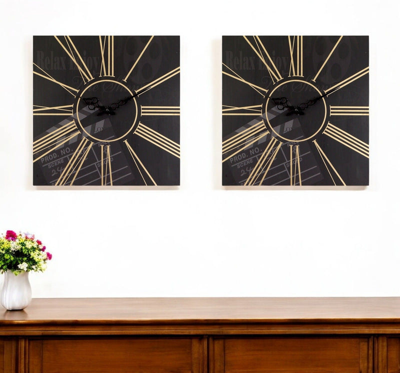 Analog Square Cinema Wall Clocks (Set of 2) - Black / Gold