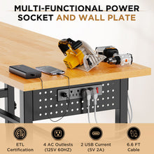 Load image into Gallery viewer, Adjustable Workbench, Side Pegboard, 4 Height Settings, Power Outlet, Storage Box, Wheels Or Leveling Feet - Black
