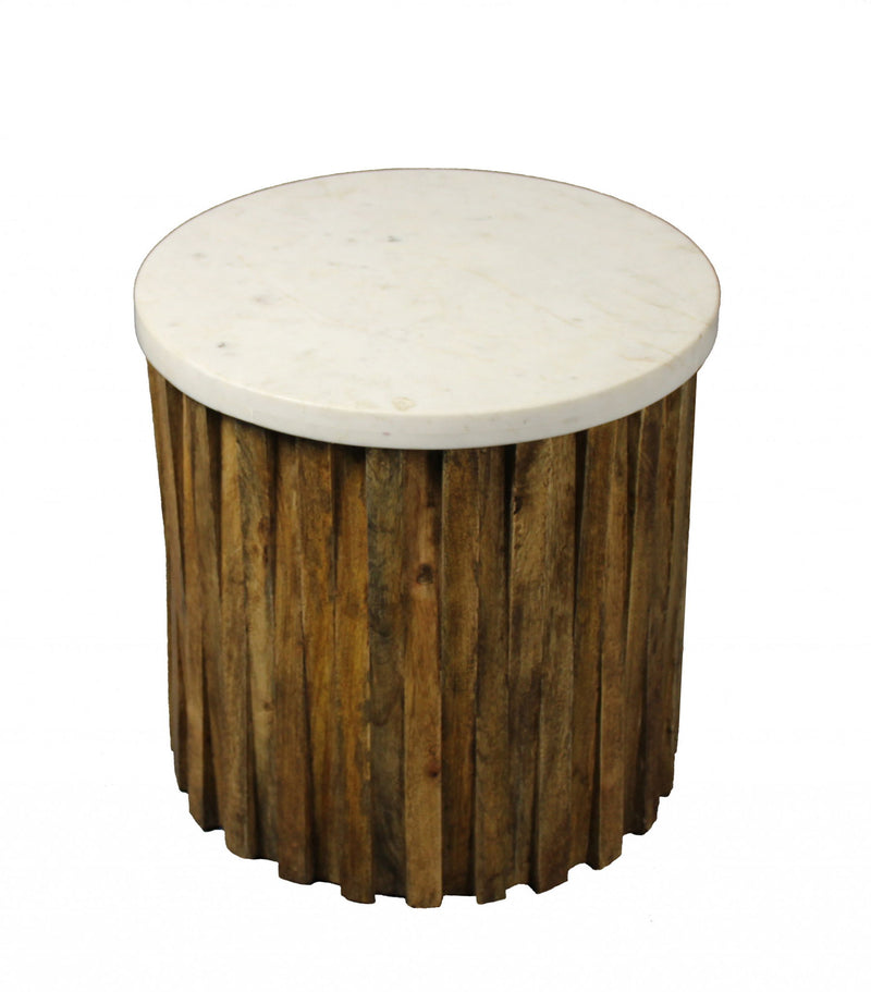 Marble And Solid Wood Round End Table - Brown And Ivory