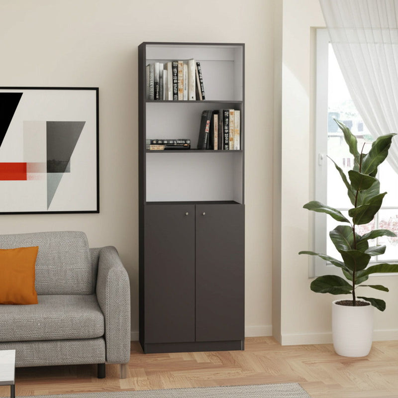 Three Tier Bookcase With Two Doors - Gray / White