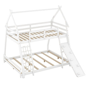 Twin over Queen House Bunk Bed with Climbing Nets and Climbing Ramp, White