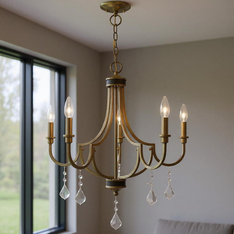 27" Five Light Dimmable Chandelier With Shades - Antiqued Brass