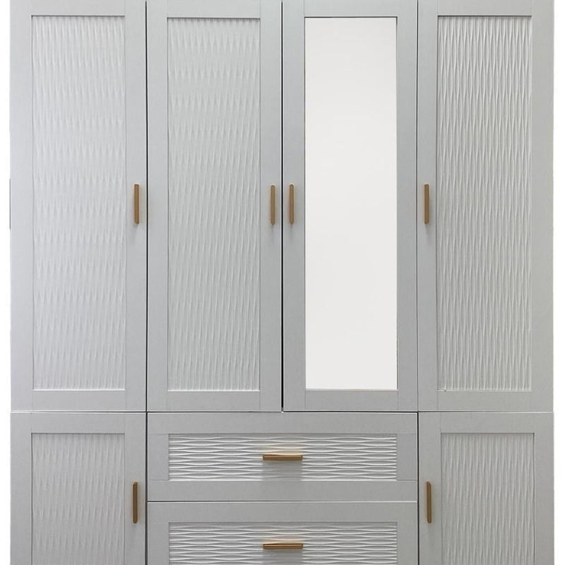 75" Ribbed Texturere Wood Mirro Six Door Two Drawer Combo Dresser - White