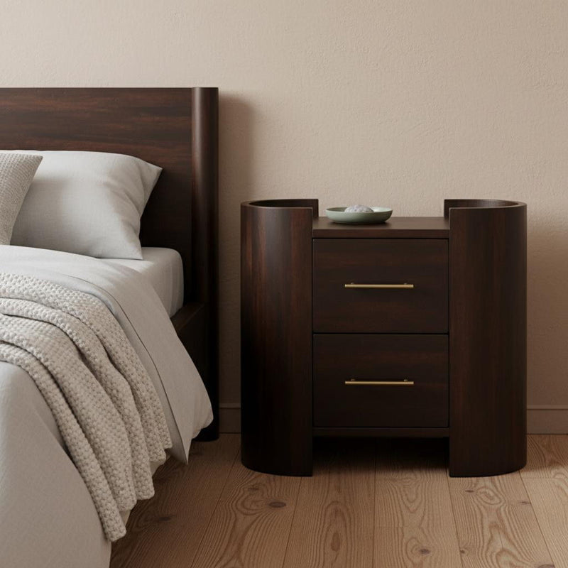 19" Solid Wood Round Two Drawer Nightstand - Mocha