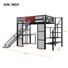 Load image into Gallery viewer, Loft Bed With Built In Desk, Open Wardrobe, Basketball Hoop, Slide And Staircase

