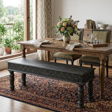 Load image into Gallery viewer, 58" Black Floral Distressed Solid Wood Dining Bench
