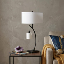 Load image into Gallery viewer, 29" Black Metal Two Light Arched Table Lamp With White Drum Shade
