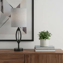 Load image into Gallery viewer, 28" Black Solid Wood Round Table Lamp With Gray Drum Shade
