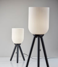 Load image into Gallery viewer, 23" Black Solid Wood Tripod Table Lamp With White Ribbed Glass Shade
