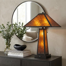 Load image into Gallery viewer, 24" Burnt Orange Metal Two Light Table Lamp With Amber Square Shade
