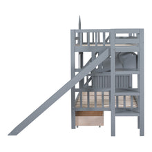 Load image into Gallery viewer, Twin-Over-Twin Castle Style Bunk Bed with 2 Drawers 3 Shelves and Slide - Gray
