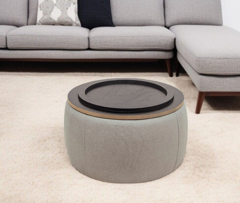 26" Fabric And Wood Reversible Tray Top Round Storage Ottoman - Light Gray