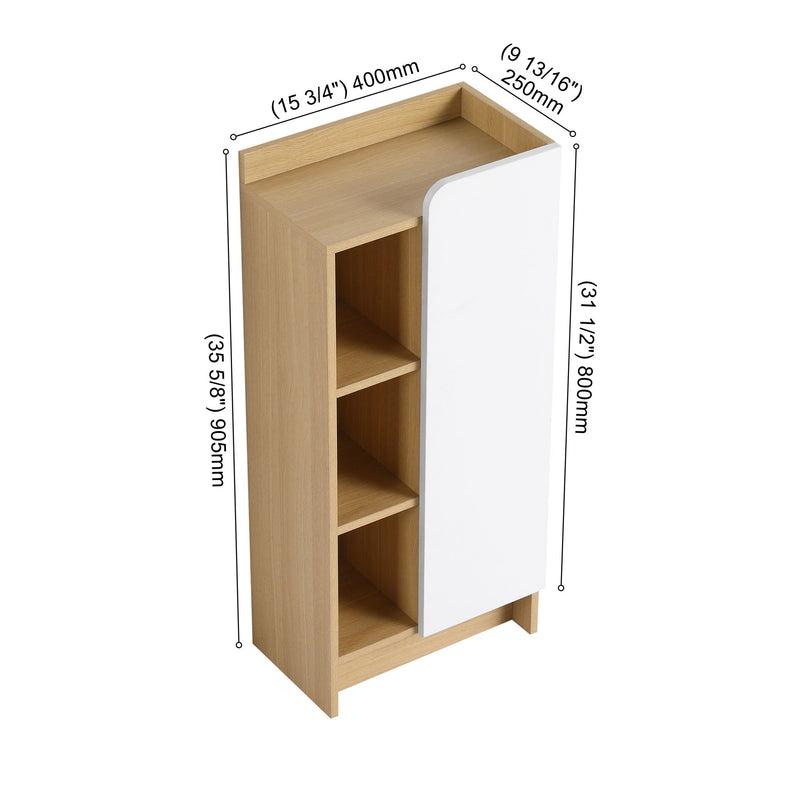 Freestanding Bathroom Side Cabinet, Narrow Storage Cabinet With Single Door & 3 Tier Open Shelves - Black / Light Oak / White