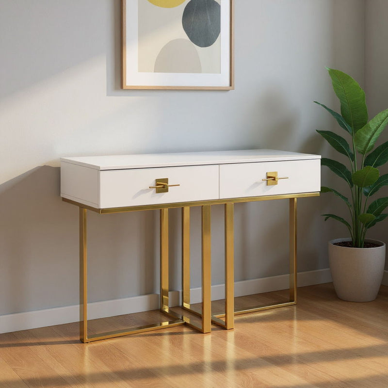 47" Wood Stainless Steel Sled Console Table With Two Drawers - Gold And White
