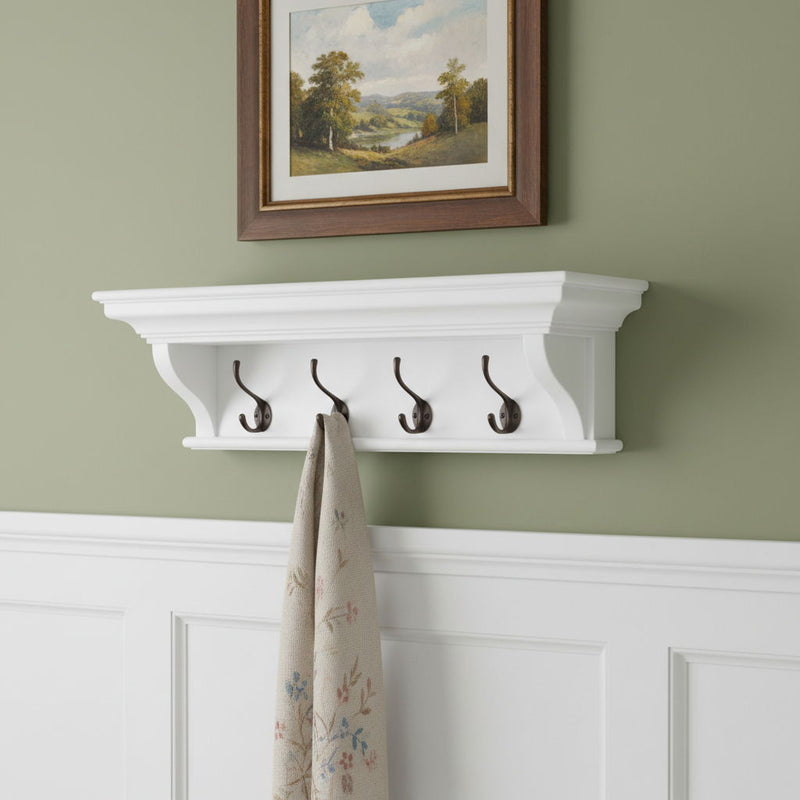 Classic Wood Wide Four Hook Hanging Coat Rack - White