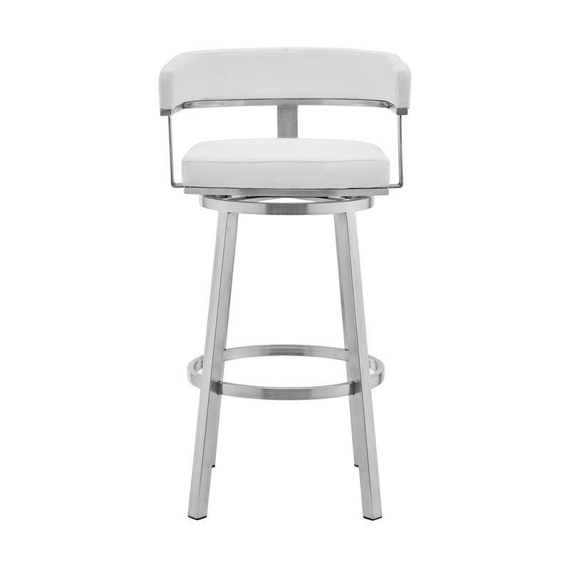 Faux Leather Stainless Steel Low Back Bar Height Swivel Bar Chair - White And Silver