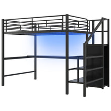 Load image into Gallery viewer, Full Size Loft Bed With Desk, Storage Staircase, Small Wardrobe And LED Light - Black
