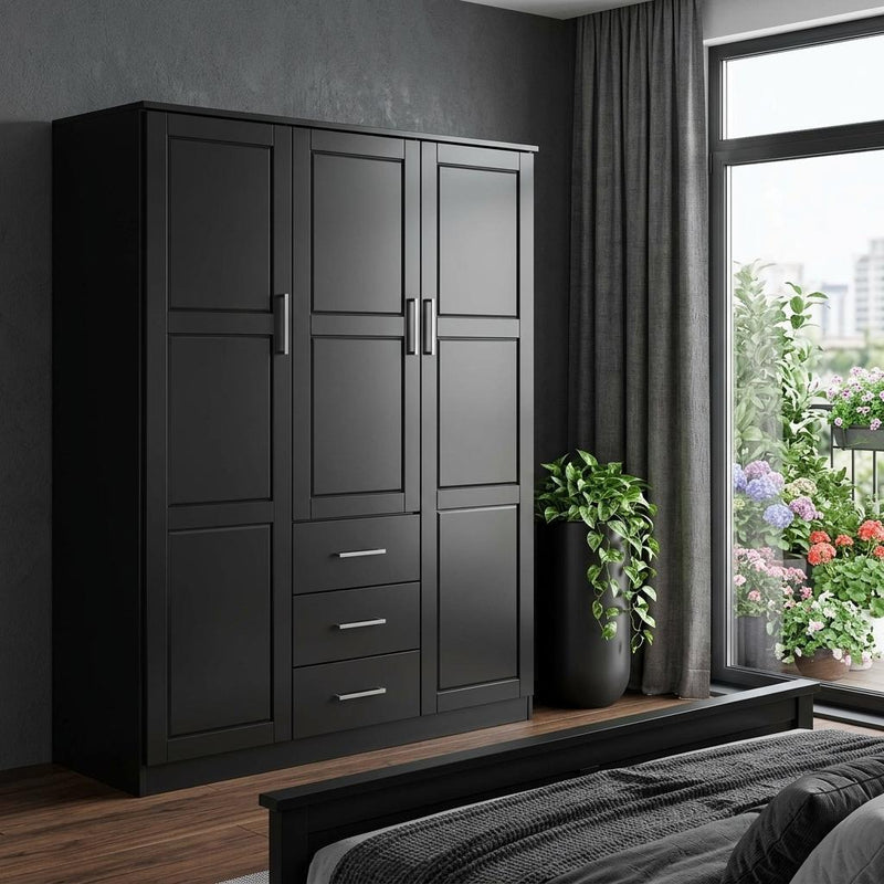 Solid Wood Three Door Three Drawer Combo Dresser - Black
