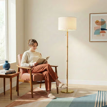 Load image into Gallery viewer, Stellar - Linen Shade Floor Lamp - Gold / Natural Wood / Rattan / White
