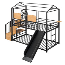 Load image into Gallery viewer, Twin Over Twin Metal Bunk Bed, Metal Housebed with Slide and Storage Stair, Black with Black Slide
