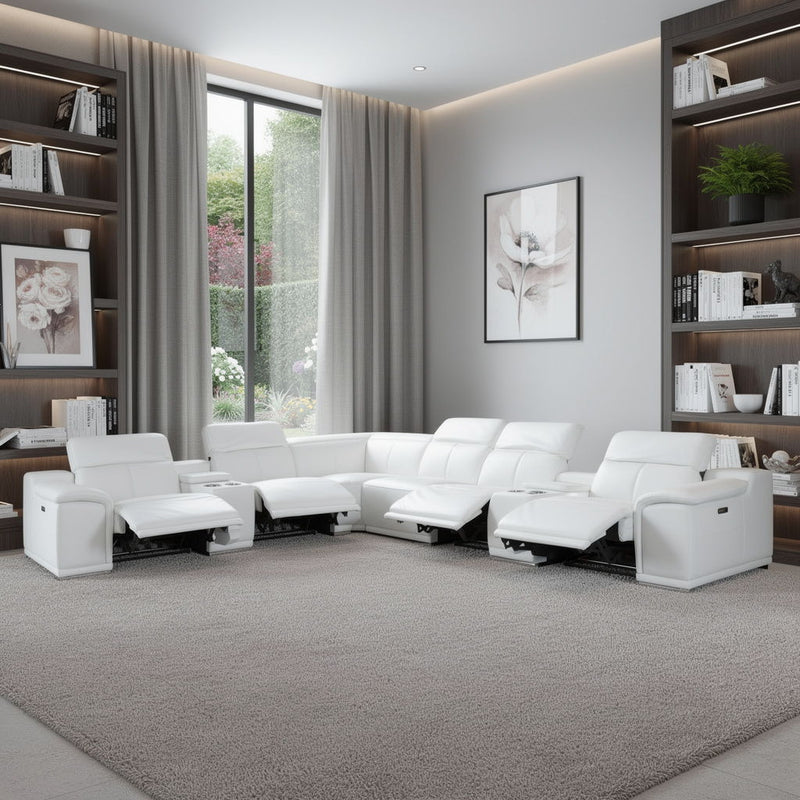 Italian Leather Power Reclining 8 Piece Corner Sectional With Console - White